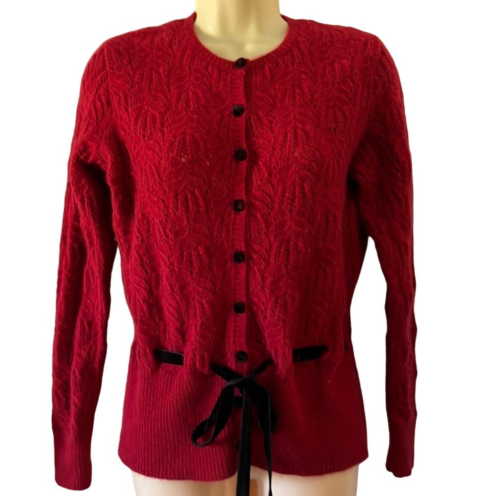 Sarah Spencer M Red Knit Cardigan Sweater with Black Velvet Ribbon and Buttons